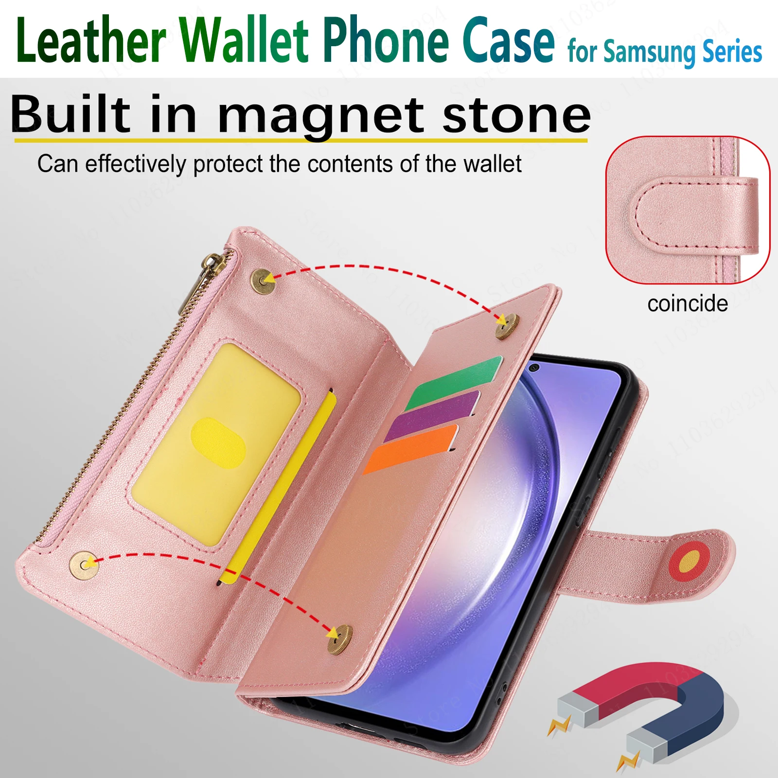Genuine Leather Wallet for Samsung, Mobile Cover, Multi-Card Slot, Zipper, High-End, Suitable for Galaxy A15, A14, A35, A53