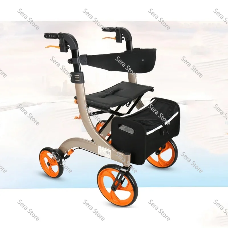 Height Adjustable Folding Walker with Seat, Lightweight Aluminum Folding Shopping Trolley