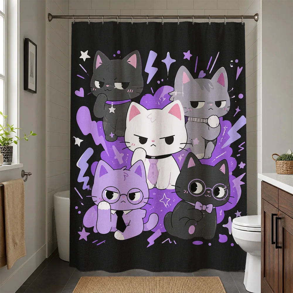 Cute Kawaii Cartoon Cats Shower Curtain Bathroom Decor Fun Pop Art Animal Print Shower Curtain