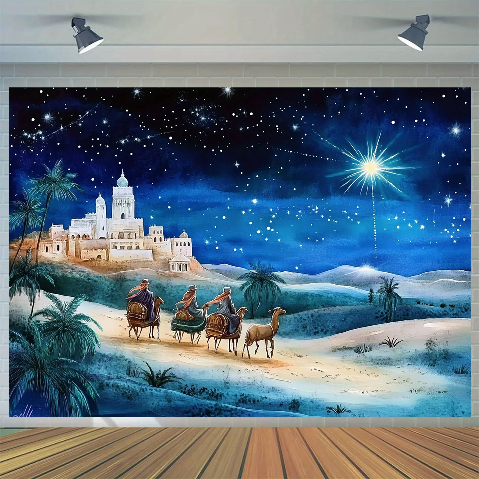 مسطح ثنائي الأبعاد، قطعة واحدة من لافتة مشهد المهد الكبيرة - منظر طبيعي صحراوي ليلي مرصع بالنجوم مع ثلاثة رجال حكماء، قافلة الجمل وكنيسة بيثليهيم
