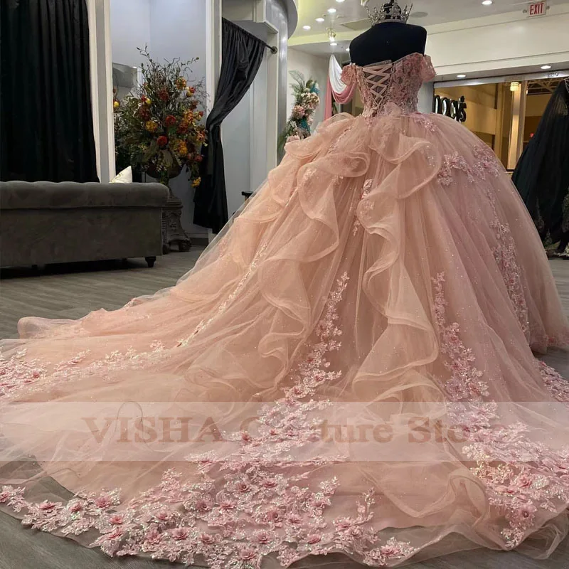 فستان كوينسيانيرا وردي مكشوف الأكتاف فستان حفلة فستان مزين بالدانتيل مطرز على شكل قلب حلو 16 Vestidos De Fiesta