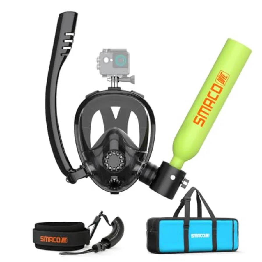 

Shallow water diving emergency rescue: aluminum 0.5L mini scuba tank with full-face snorkel mask black reusable portable pony b