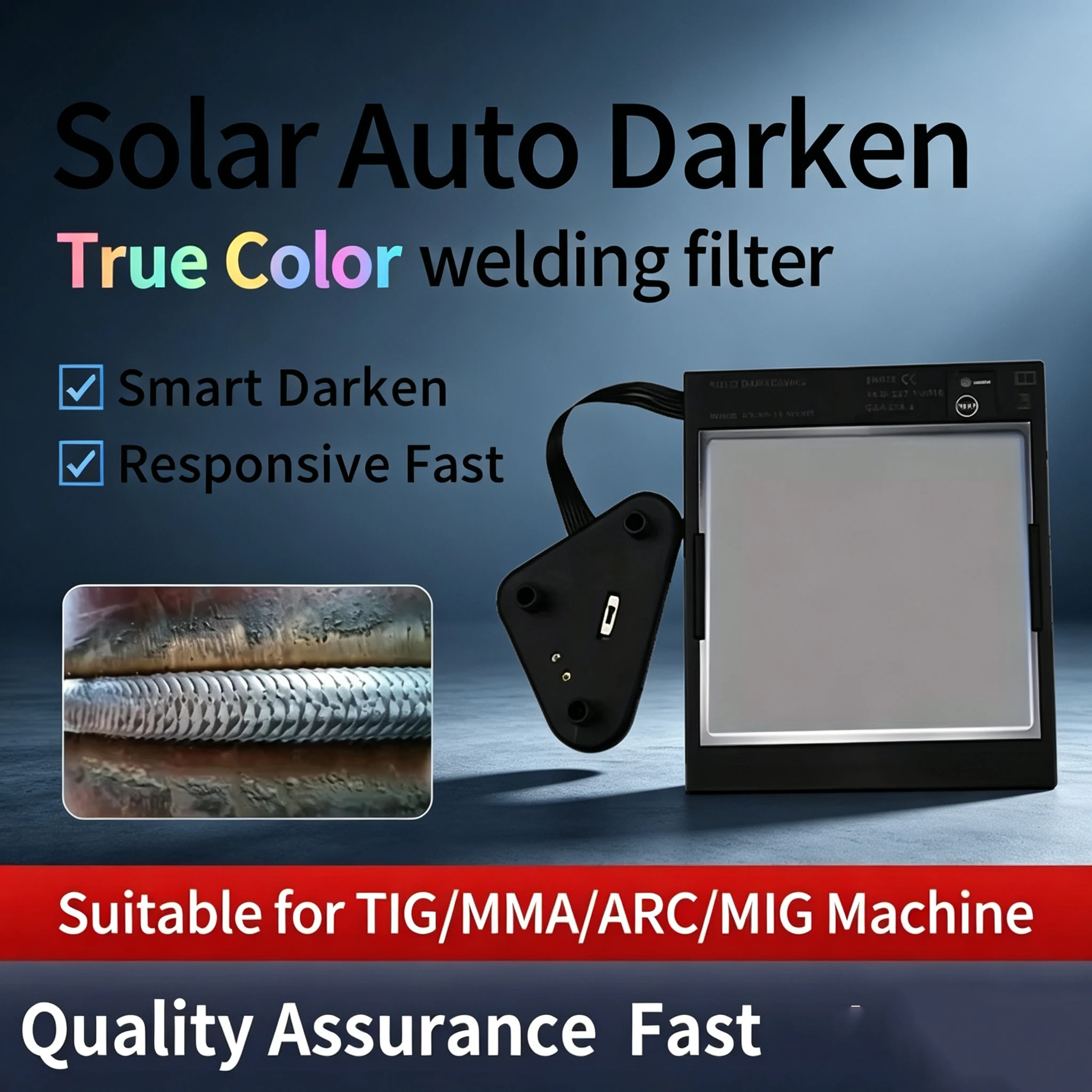 Large View Screen Auto Darkening Welding Lens, True Color 4 Arc Sensor Solar Powered Welding Filter DIN5-DIN13 External Control