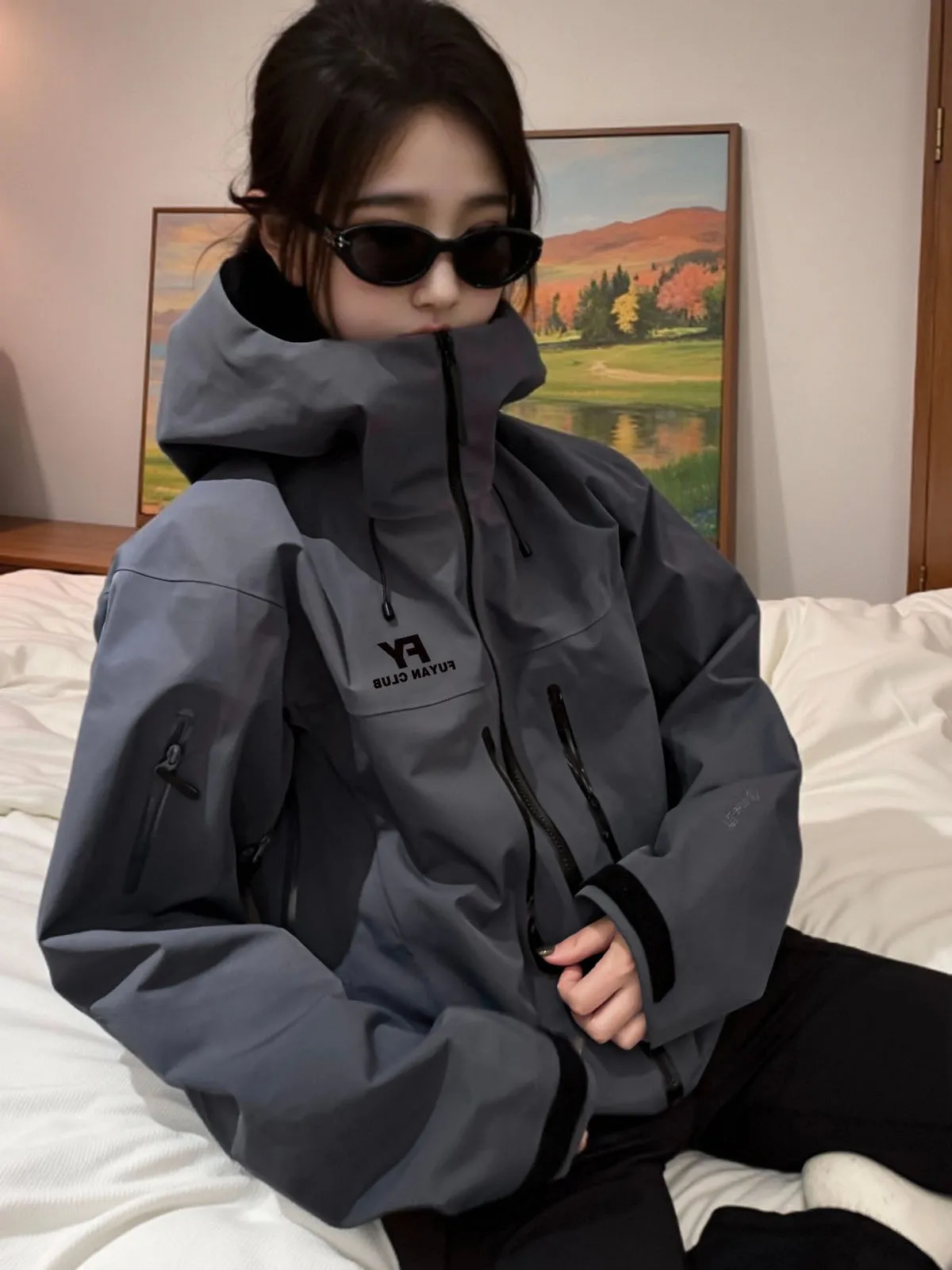 푸위안 여성용 회색 봄 가을 3-in- 아웃도어 등산 재킷 코트 캐주얼 루즈핏 긴팔 지퍼 클로저