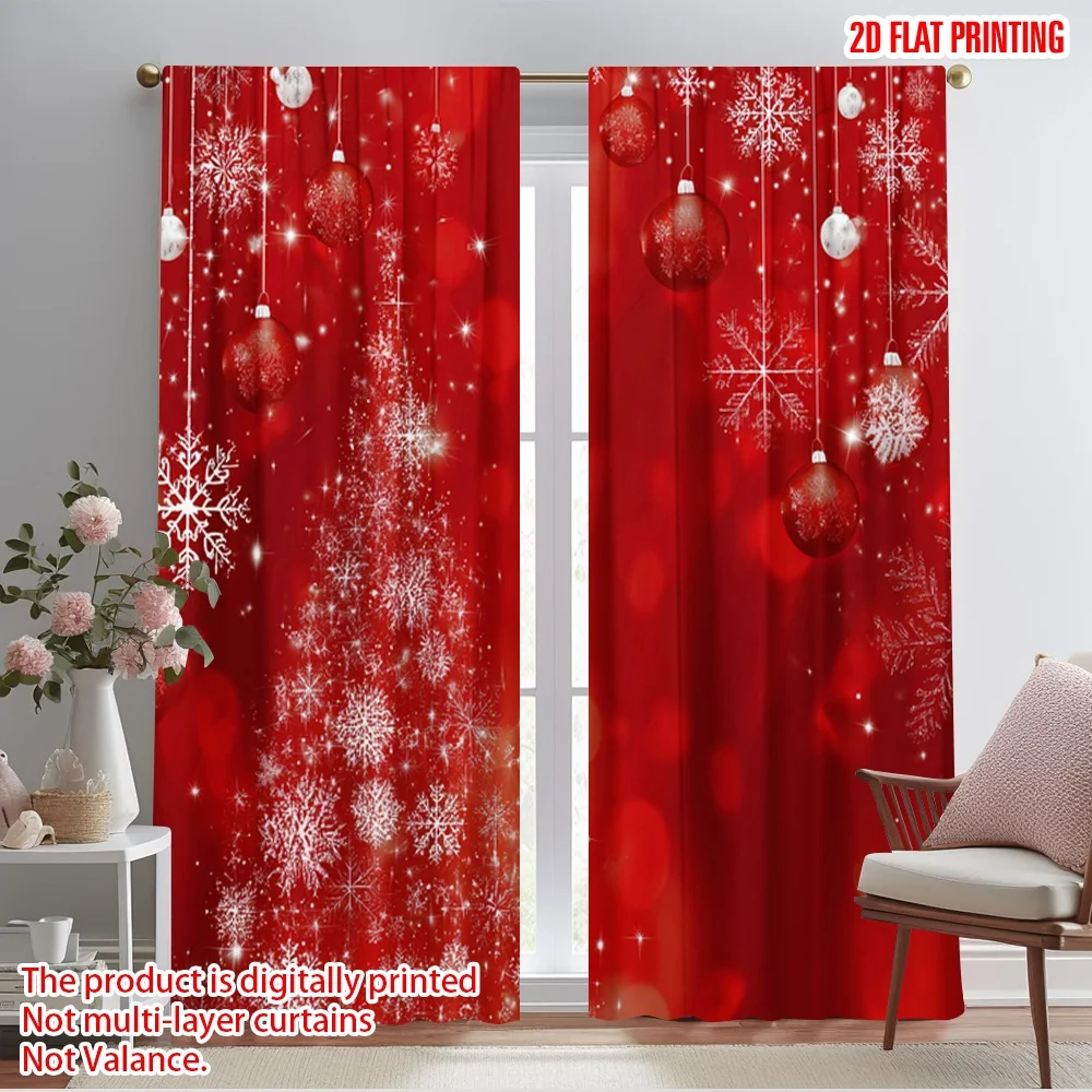 2pcs,2D plane printing Curtain Popular Xmas Ball Glitter Sparkle Snow Durable Polyester (without rod) Art Deco Festive Use for