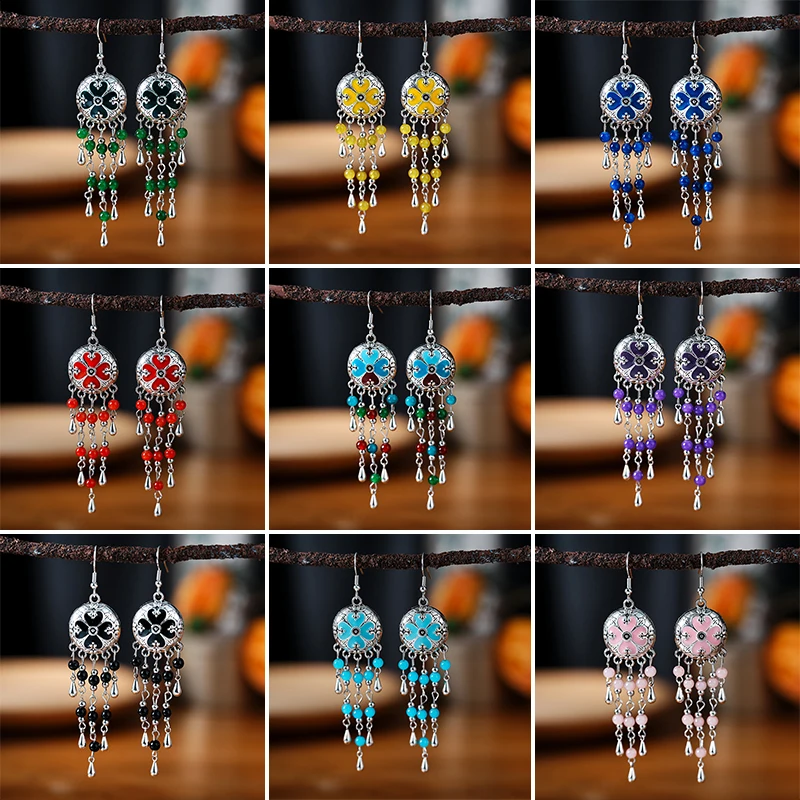 Vintage Ethnic Style Metal Tassel Water Drop Earrings for Women Round Drop Glaze Crystal Beads Handmade Earring Female Jewelry