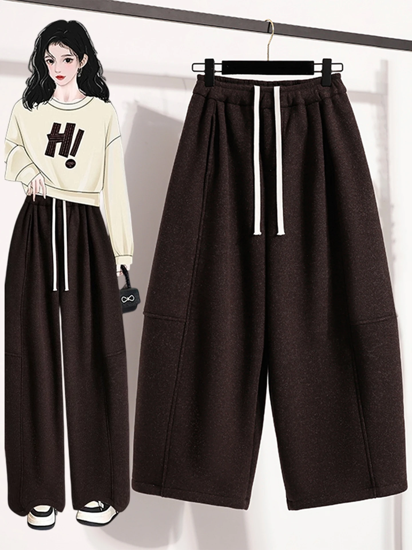 

Thiened Wide Leg Banana Pants High Waist Knife Woolen Trousers for plus Size Women Autumn Winter New Sle Coffee Color
