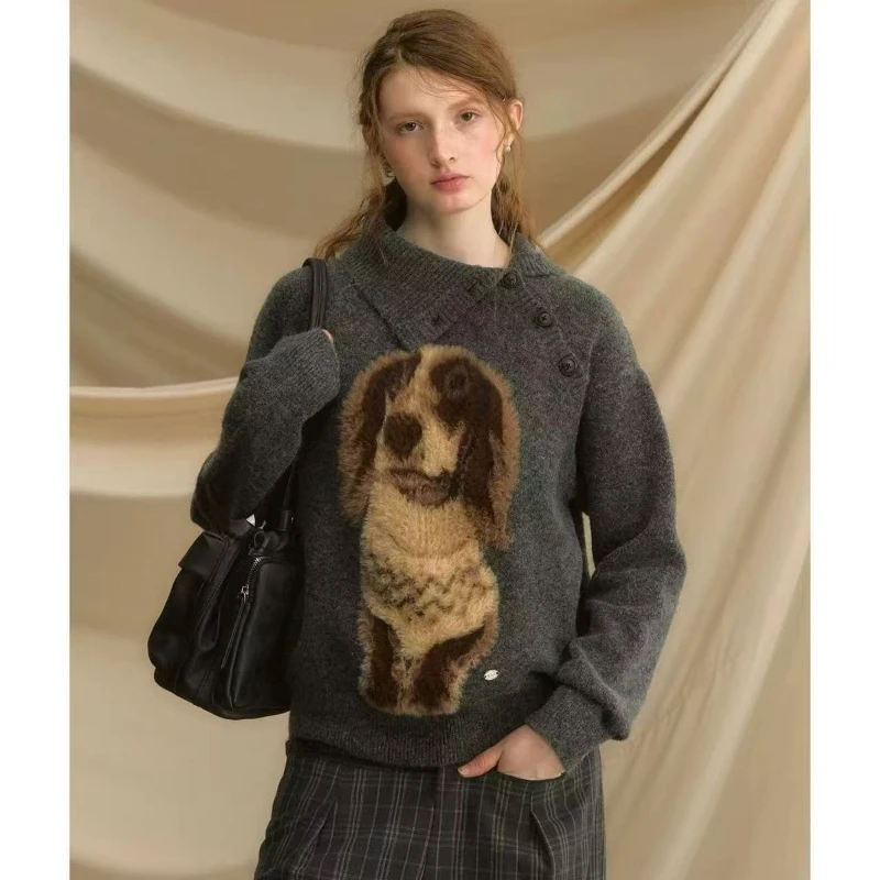 الخريف والشتاء أزياء المرأة الجديدة الأنيقة محبوك هوديي الجاكار الرجعية الراقية فضفاضة عالية الرقبة سترة بأكمام طويلة #3