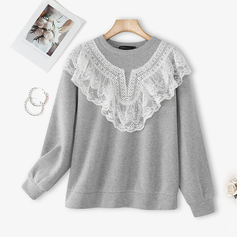 ZANZEA Frauen Sweatshirts Frühling Mode Langarm Pullover Casual Spitze Patchwork Jumper Oansatz Herbst Winter Kleidung Tops