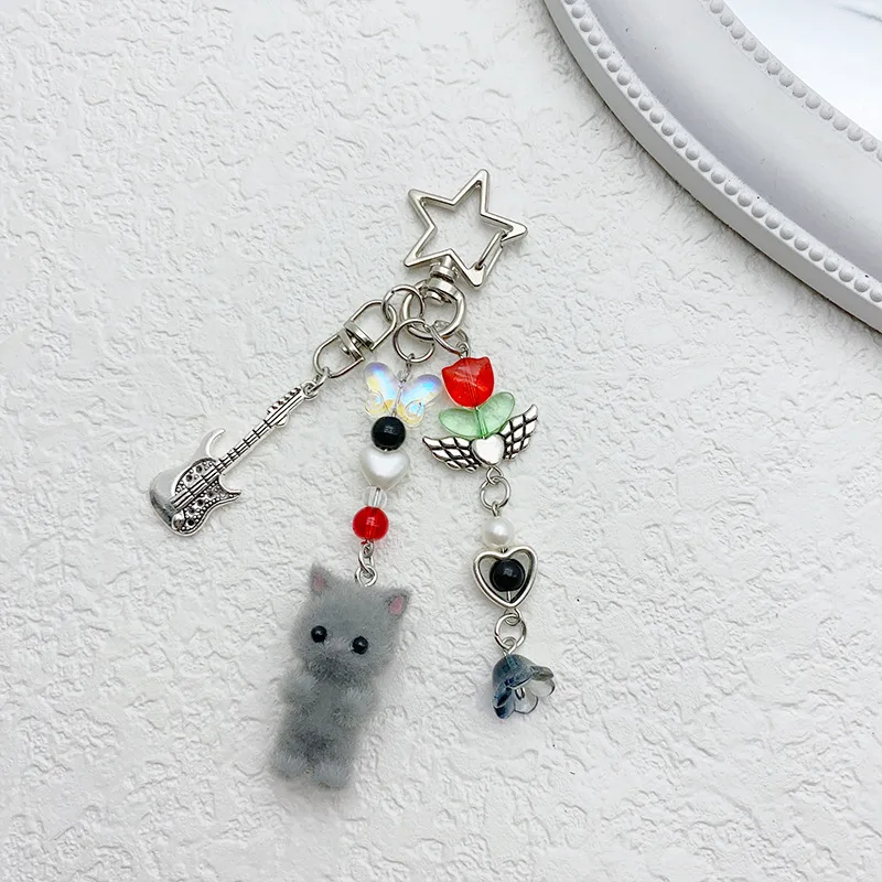 Cute Flocking Kitten Pendant Keychain Cartoon Cat Keyring y2k Kawaii coquettish Keychain For Bag Decoration Phone Gift