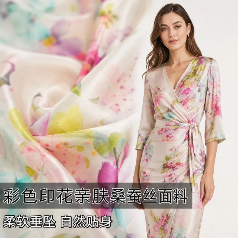 Natural skin-friendly color-printed soft silk real satin fabric for shirts and cheongsams