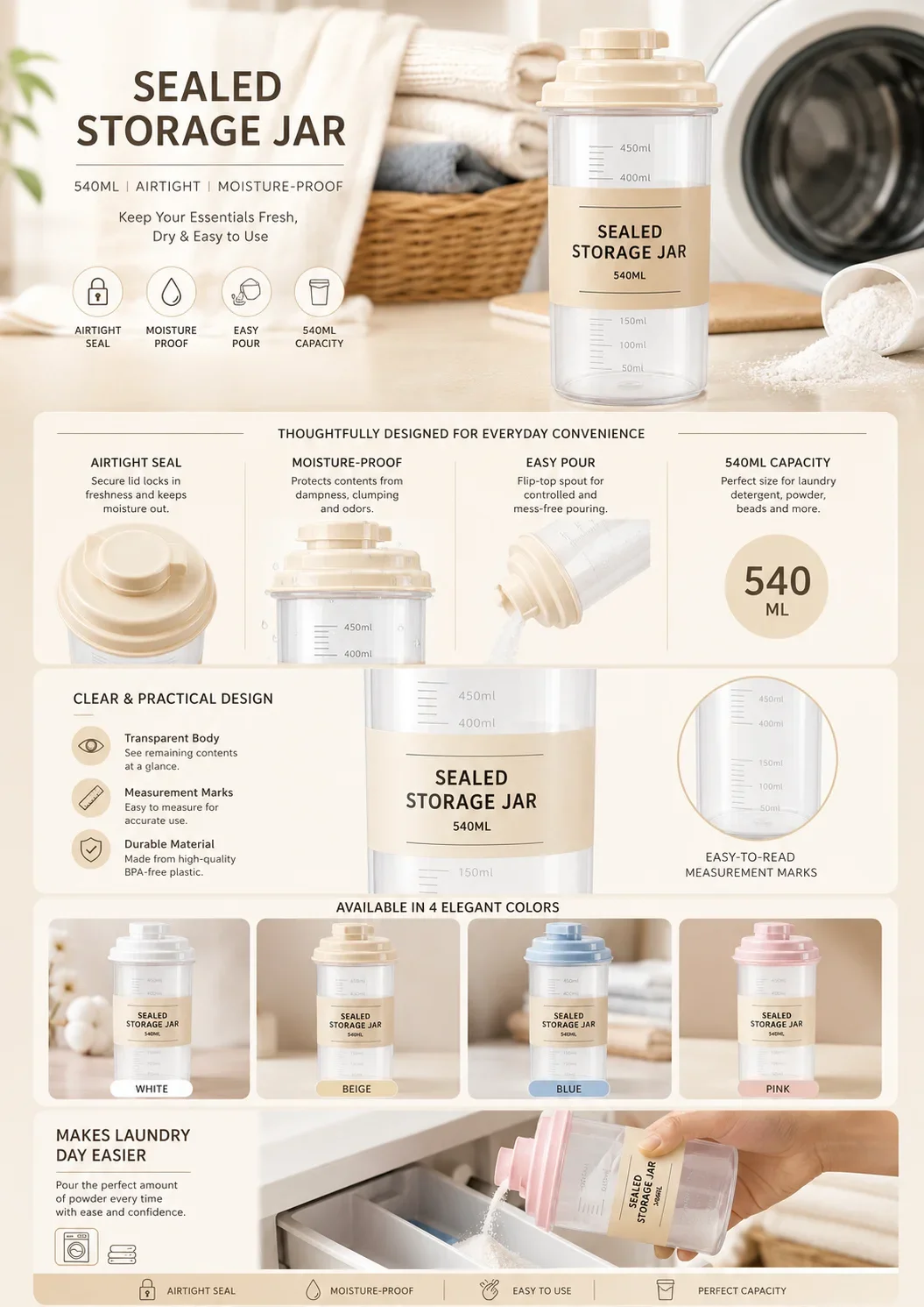 Airtight Laundry Detergent Storage Container, Moisture-Proof Washing Powder Jar with Measuring Cup, Multi-Purpose Dispenser