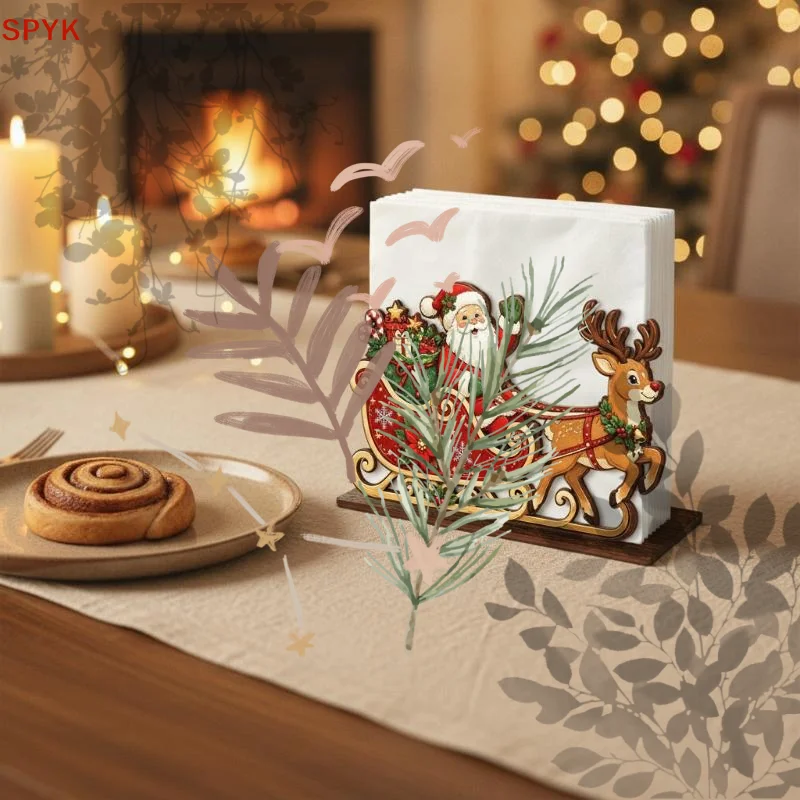 1PC Christmas Wooden Napkin Holder Santa Claus Sleigh Reindeer Tissue Rack Xmas Table Decor For Home Dining Table Desktop Decor