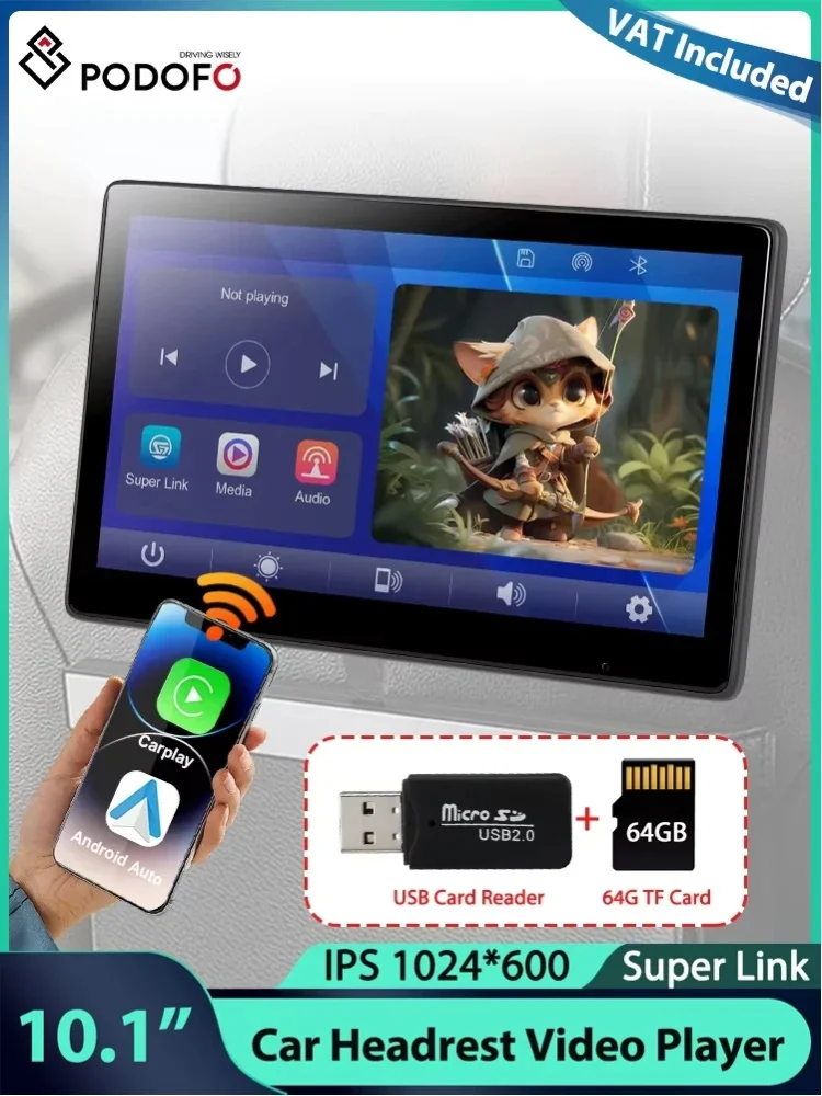 Podofo 9''/10,1'' Kopfstützen-Bildschirm 64G Auto-Kopfstützen-Videoplayer Carplay Android Auto Bluetooth Sprachsteuerung Smart Screen Player