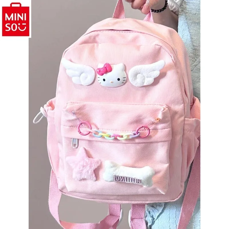 Mochila MINISO Cartoon Hello Kitty Estudante de grande capacidade, mochila infantil versátil com contraste de cor doce