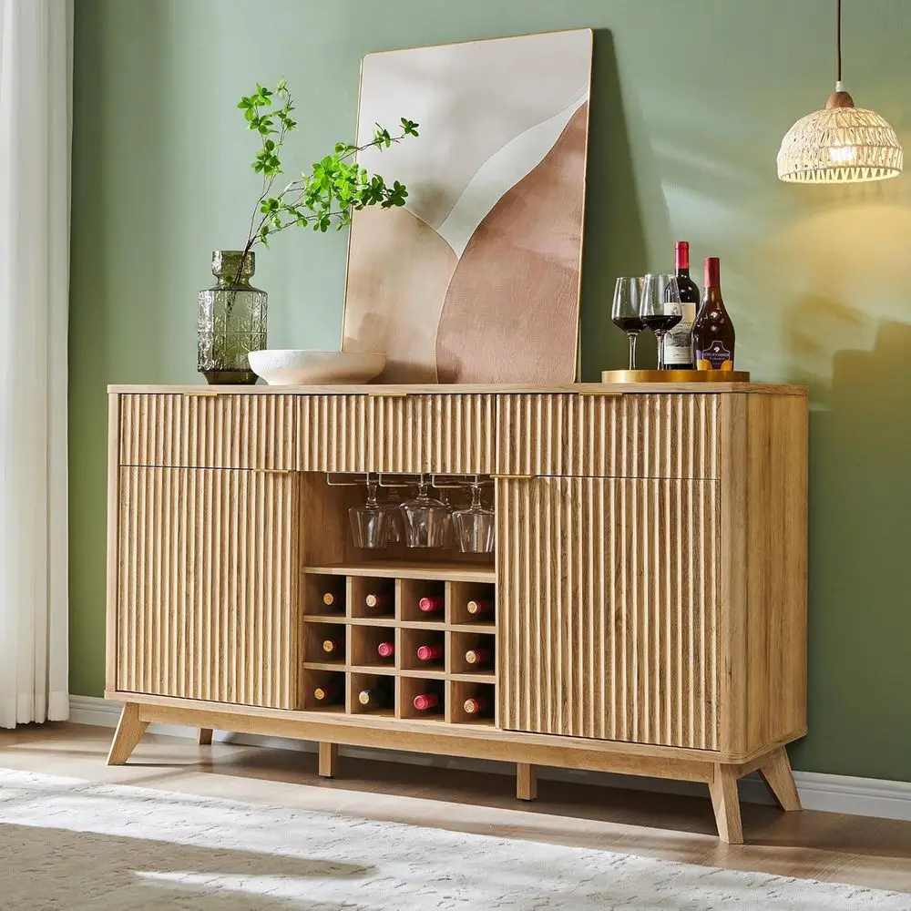 

60 Wide Natural Oak Sideboard with Storage, 2 Cabinets, 3 Drawers, 4 Glass Holders & 12 Wine Racks for Dining Room