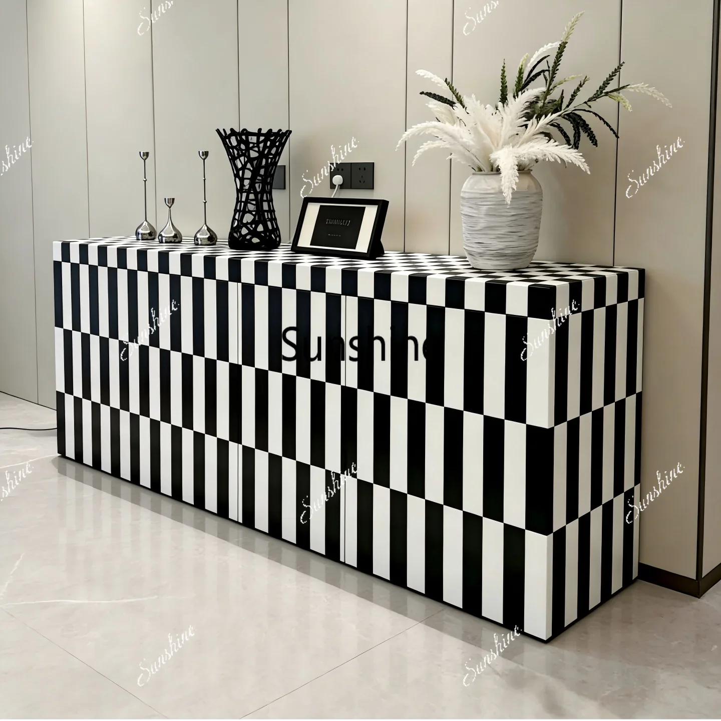 

Modern simple paint side cabinet black and white lattice entrance cabinet