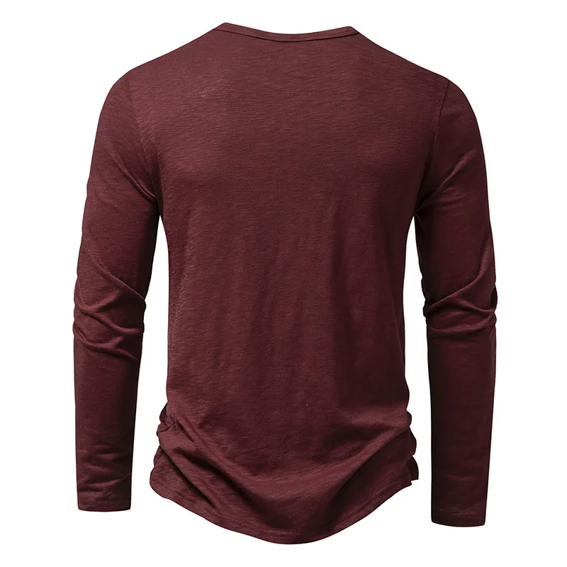 Mens Distressed Henley Tshirt Vintage Wine Red Long Sleeve T Shirt Men Casual Button Down Washed Cotton Tee Short Homme Camiseta