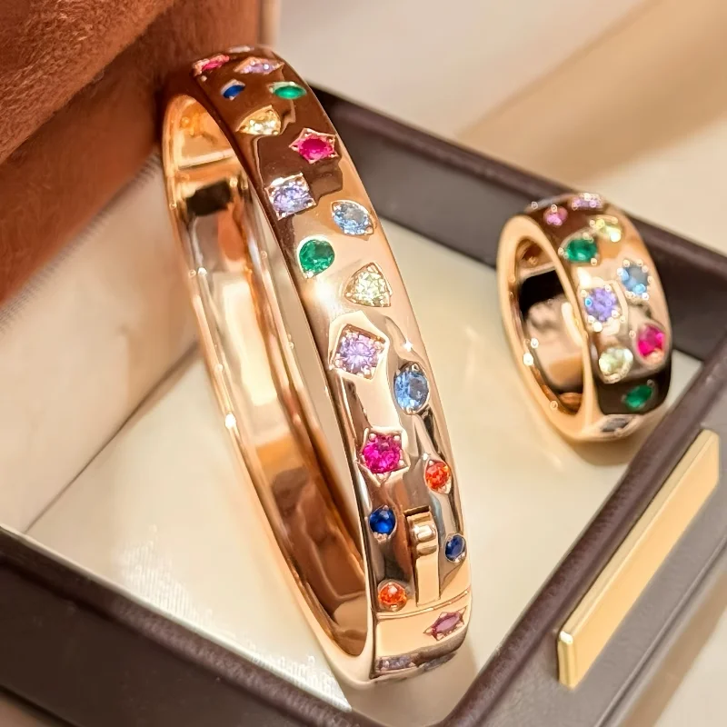 

BELLUX 925 Silver Synthetic Zircon GD Same Style Thick Rose Gold Plated Rainbow Gemstone Dopamine Bracelet