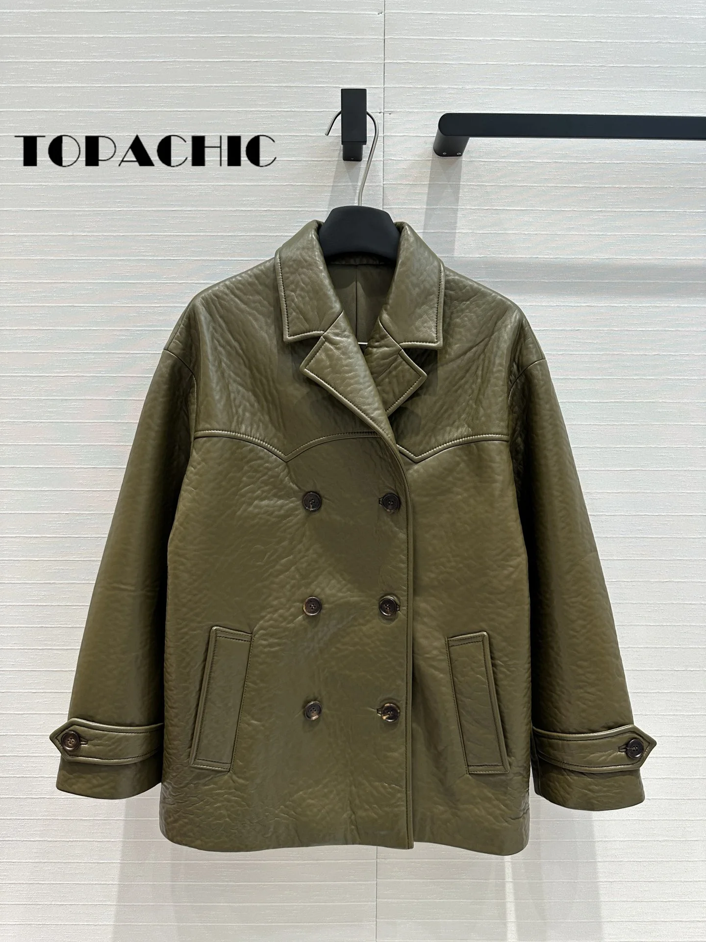 7.15 TOPACHIC-Women Fashion Vintage Double Breasted Sheepskin Blazer Coat Back Letter Brand Lapel Loose Genuine Leather Jacket