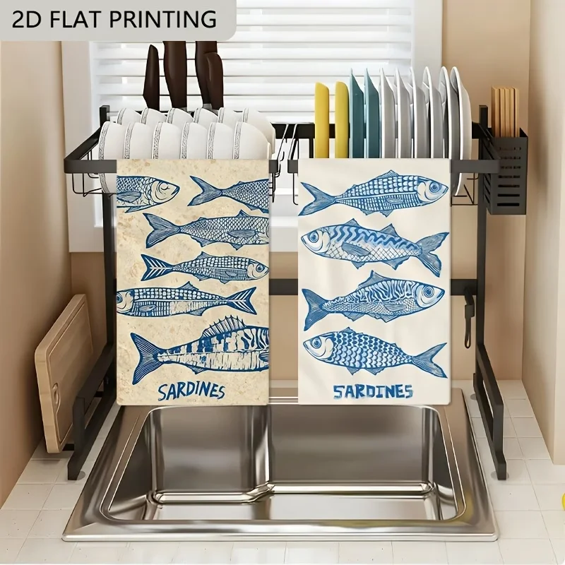 2-Pack Sardine-Themed Kitchen Towels, Dish Towels, Hand Towels, Holiday Decorative Hand Towels, Soft Absorbent Drying Cloths, Kitchen Decor, Table Decor, Kitchen Supplies, Home Decor