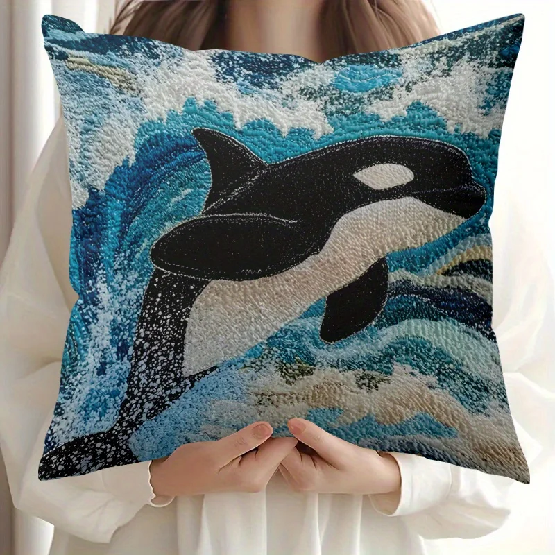 Double Sided Orca Killer Whale Throw Pillow Cover 2D Ocean Wave Print Decorative Cushion Cover for  Home Decor
