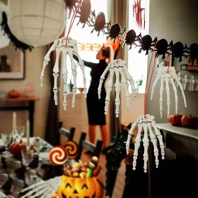 حجم واقعي الهيكل العظمي اليد هالوين مخيف الجمجمة الديكورات غيبوبة حفلة منزل مسكون هالوين الإرهاب البلاستيك الديكور الدعائم