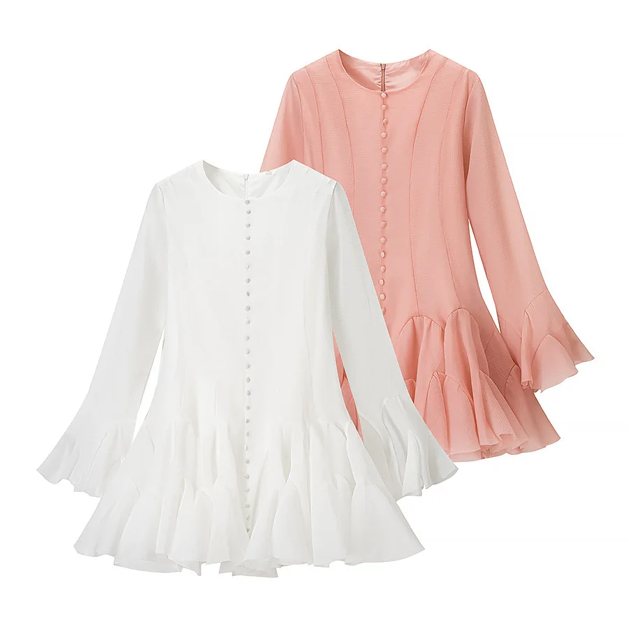 

2025 Spring Women's Dress Single-breasted Round Neck Long Sleeve Slim Waist Mini Dress
