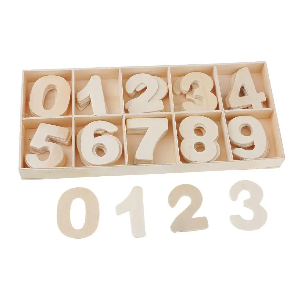 60x Natural Wood 0-9 Arabic Number Embellishment With Wood Box for Kids Toys