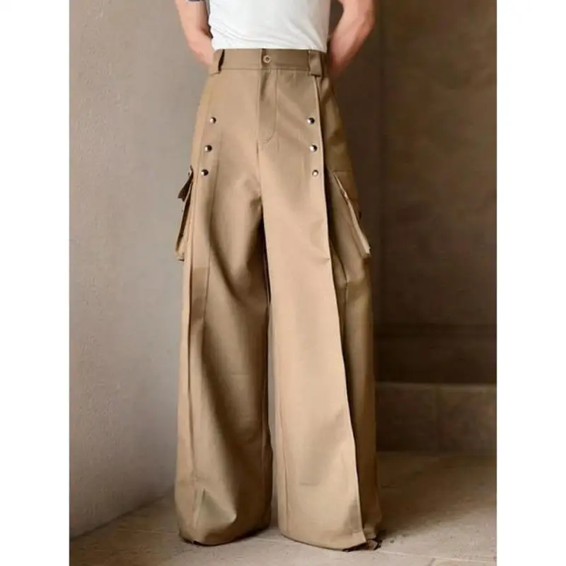 

Neutral NS Color Fake Button Decor Wide Leg Pants Loose Fit Straight Cut PVC Material Winter Collection ex Casual Trousers