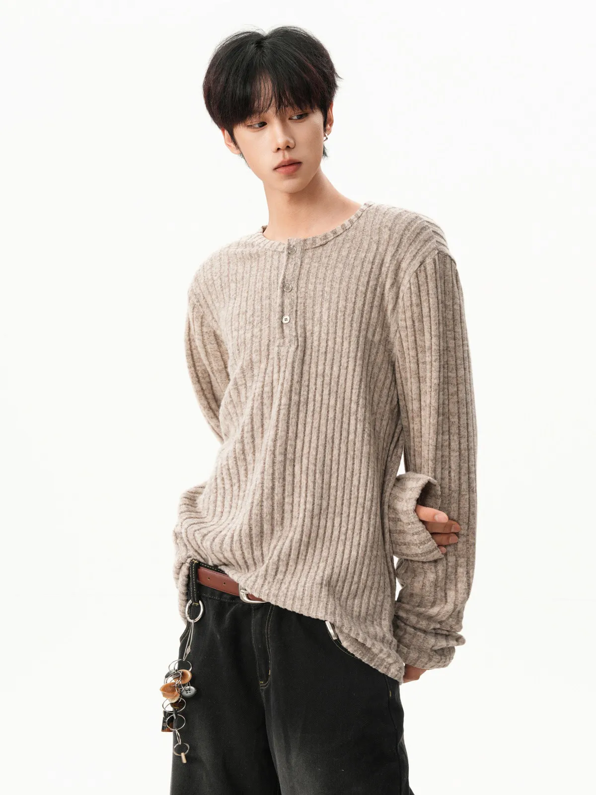 Men’s Textured Ribbed Henley Shirt Chic Knit Long Sleeve Tee Clean Fit  Top Relaxed Spring Fall Spring Undershirt Base Layer
