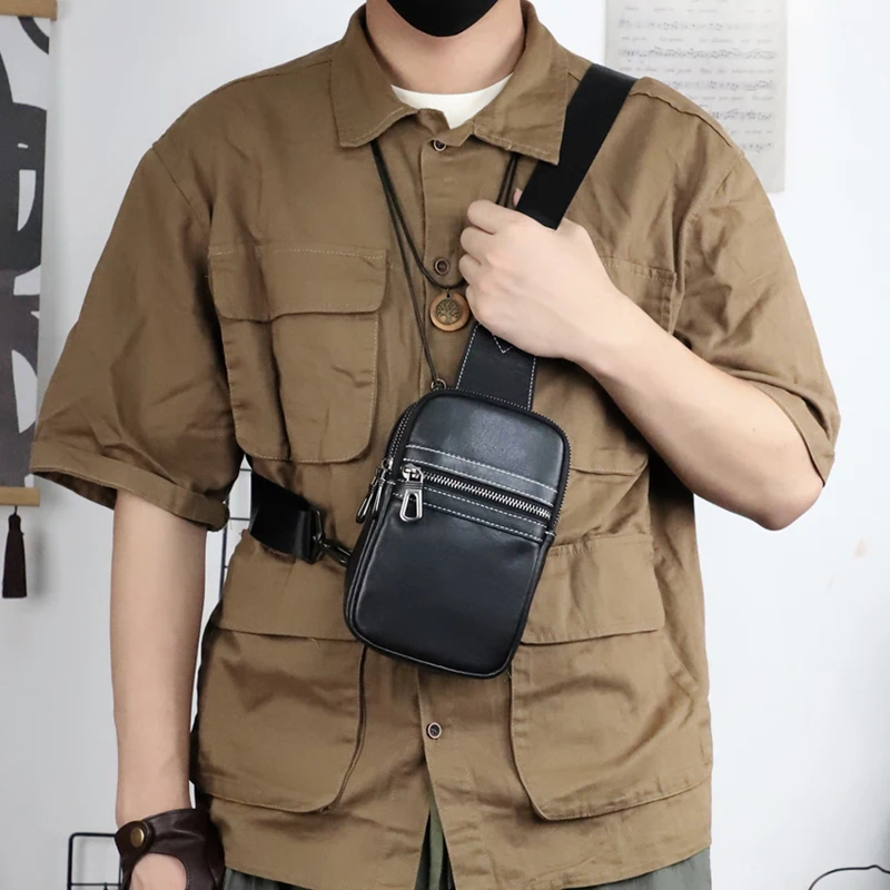 

Casual Men's Leather Chest Bag Genuine Leather Sports Phone Bag Large Capacity Crossbody Shoulder Bag For Sport Travel