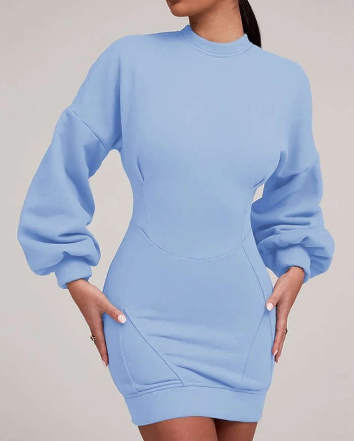 Women's Elegant Dress 2024 Autumn Winter Latest O-Neck Lantern Sleeve Mini Sweatshirt Dress Long Sleeve Skinny Hip Wrap Skirt