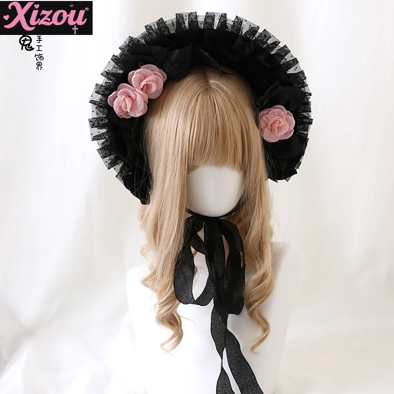 Original Handmade Black Lolita Bow Lace Ponet Hats Goth Bnt Lace Flat Hat Doll Black Pink Bow Straw Hats for Women