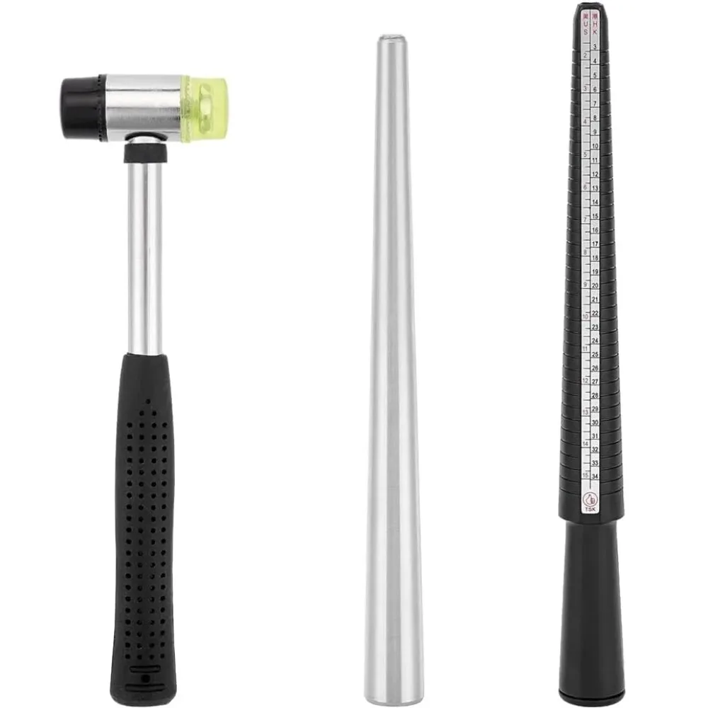 3Pcs Ring Resizing Shaping Tool Kit, Ring Sizer Stick, Ring Enlarger Stick, Double‑Faced Rubber Mallet, Jewelry Repair DIY Tools