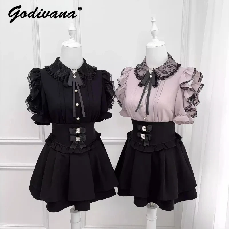 

New Summer Sweet Girl Women's Lace Bow Short-sleeved Blouse Top Rhinestone Buckle High Waist Short Skirt Original Skirt Set