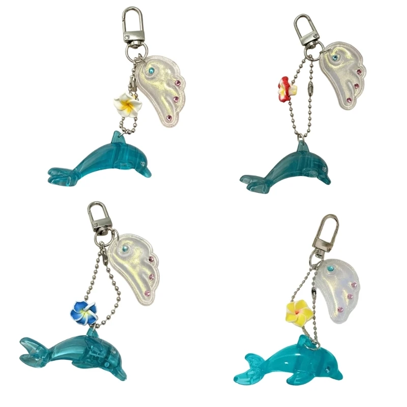 U4LF Dolphin Bag Charm Keychain with Shell Pendant and Flower Accent, Plastic Charm Body and Lobster Clasp Hardware