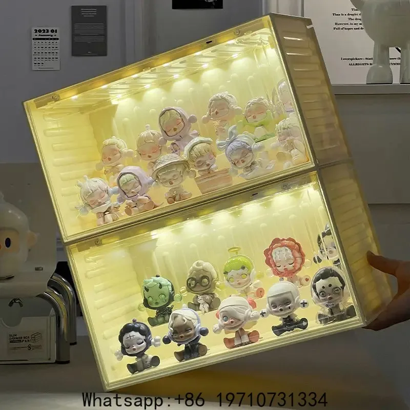 Blind Box Storage Display Rack with Voice-activated Sensor Light Stackable Organizer Acrylic Box Display Cabinet for Collectible
