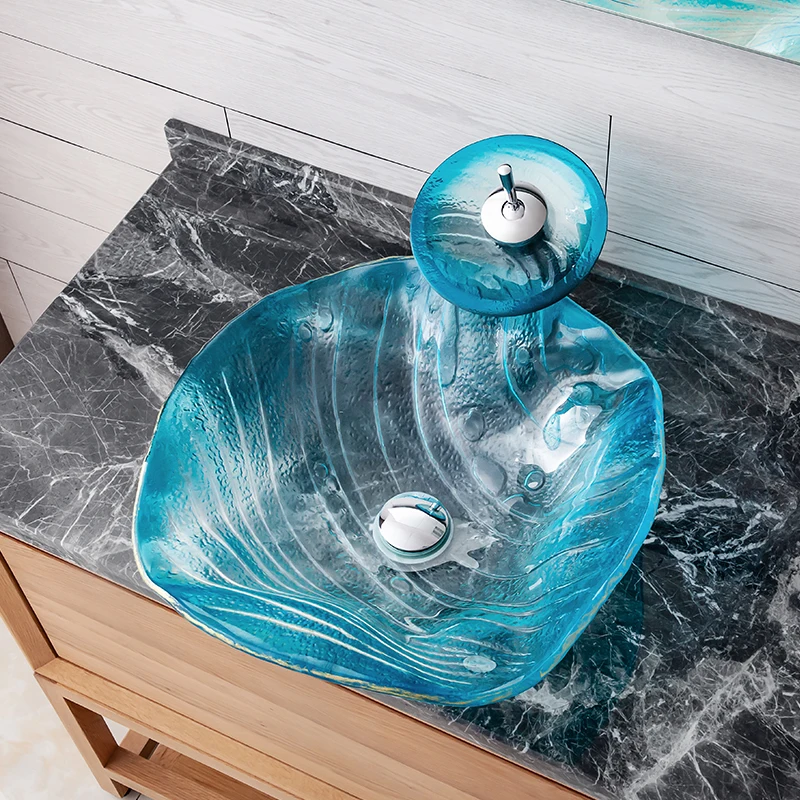 44*44*15cm Glass Sink Bathroom Washbasin Blue Gradient Color Hotel Balcony Countertop Vessel Basin With Waterfall Faucet Sets