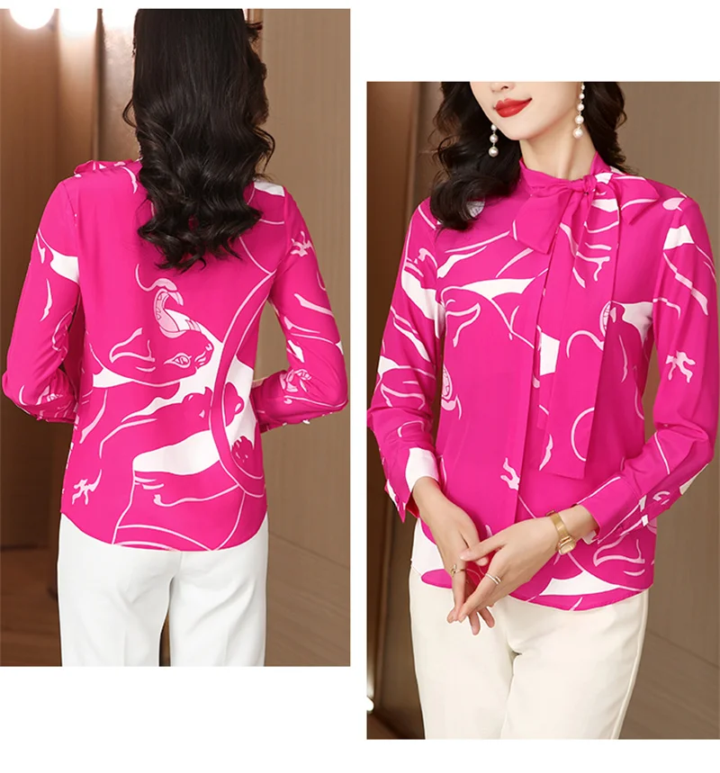 FANIECES 3XL French Pink Printed Woman Blouse Silk Satin Shirt Elegant Loose Long Sleeve Office Ladies Spring Autumn Tops 6842