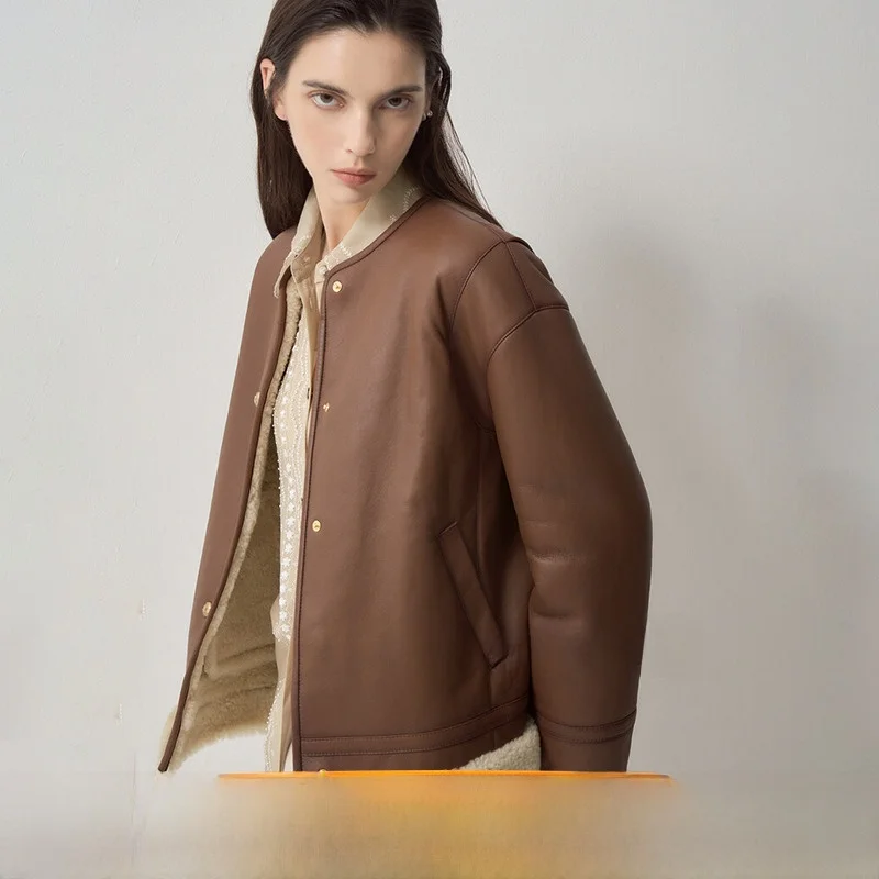 

Lamb Fur Collar ort Jaet Women's Commuter Sle Inteated Skin And Hair round Ne Splicing Warmth Outerwear