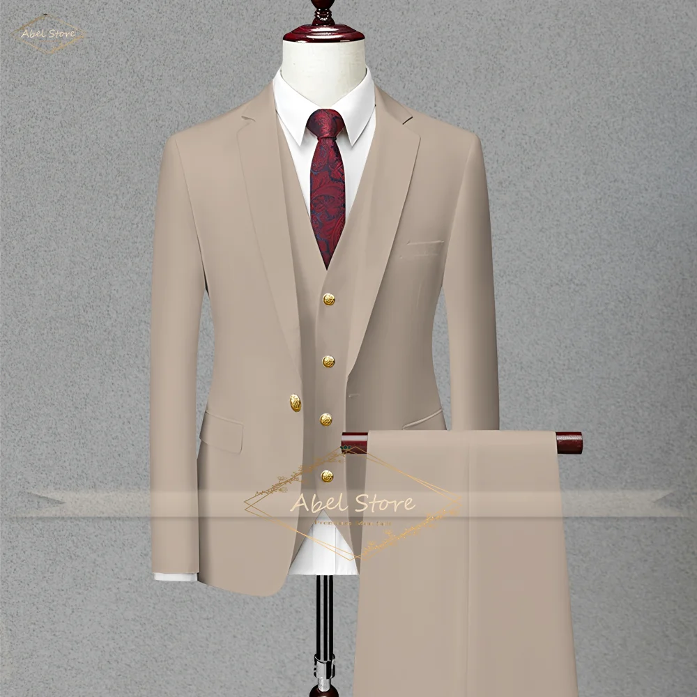 Elegant Navy Mens Suit 3PC Set Gold Button Detail Business Wedding Wear Tailored Fit Custom Sizing Premium Quality