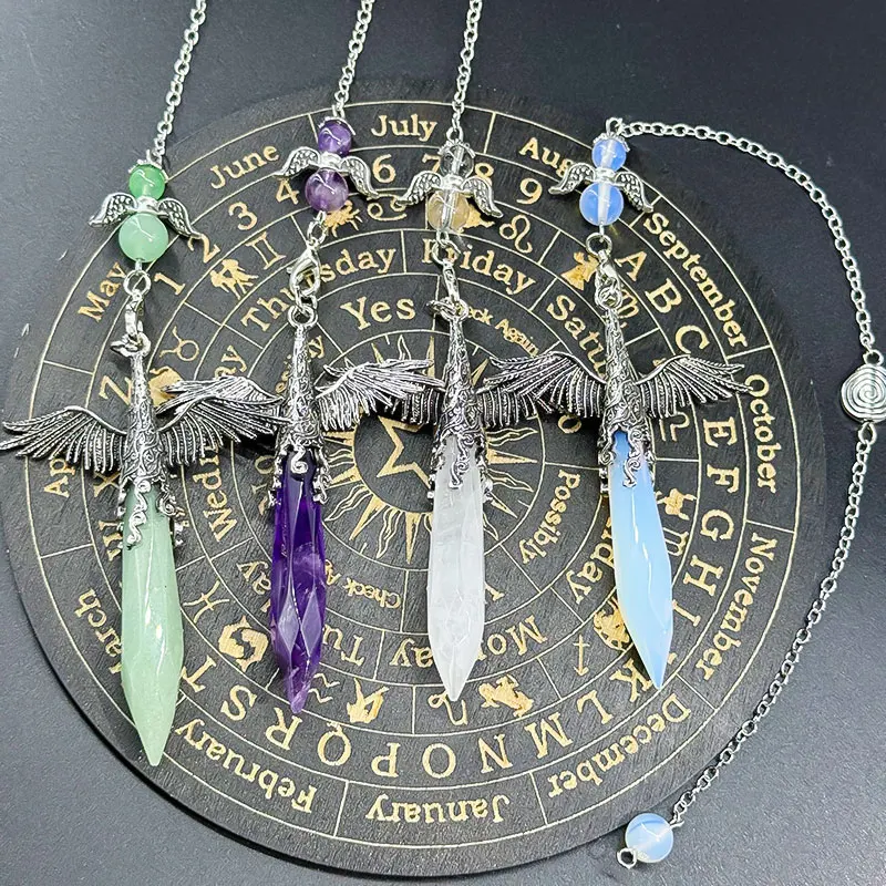 Péndulo de cristal de ala de Ángel Reiki para adivinación, colgante de punto de cuarzos piedra preciosa Natural cuarzo rosa, ojo de tigre, lapislázuli, obsidiana , amatista pendulos adivinacion profesional testigo X373