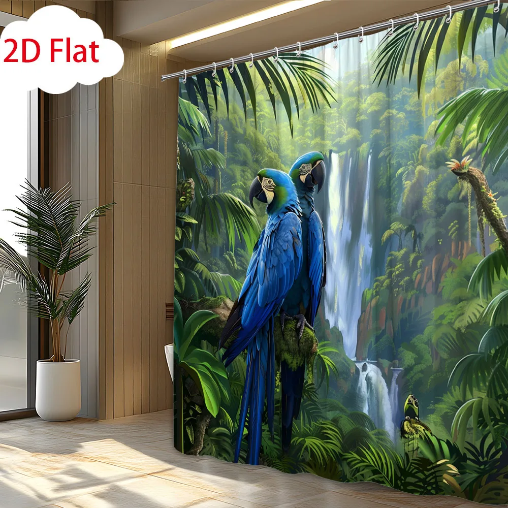 Waterproof Tropical Shower Curtain Jungle Rainforest Waterfall Decor Blue Birds Macaws 180x180cm Bathroom Accessories