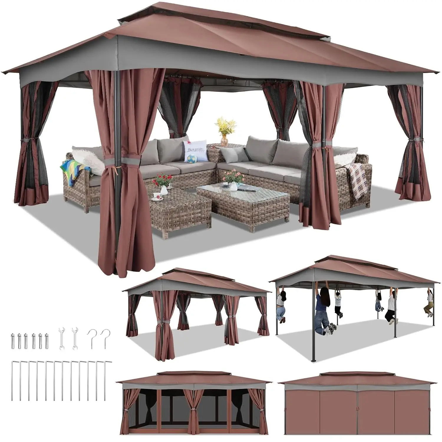 12x20 Outdoor Gazebo with Curtains & Mosquito Netting Metal Frame Vented Roof Canopy for Patio Backyard Deck Lawn, Customized
