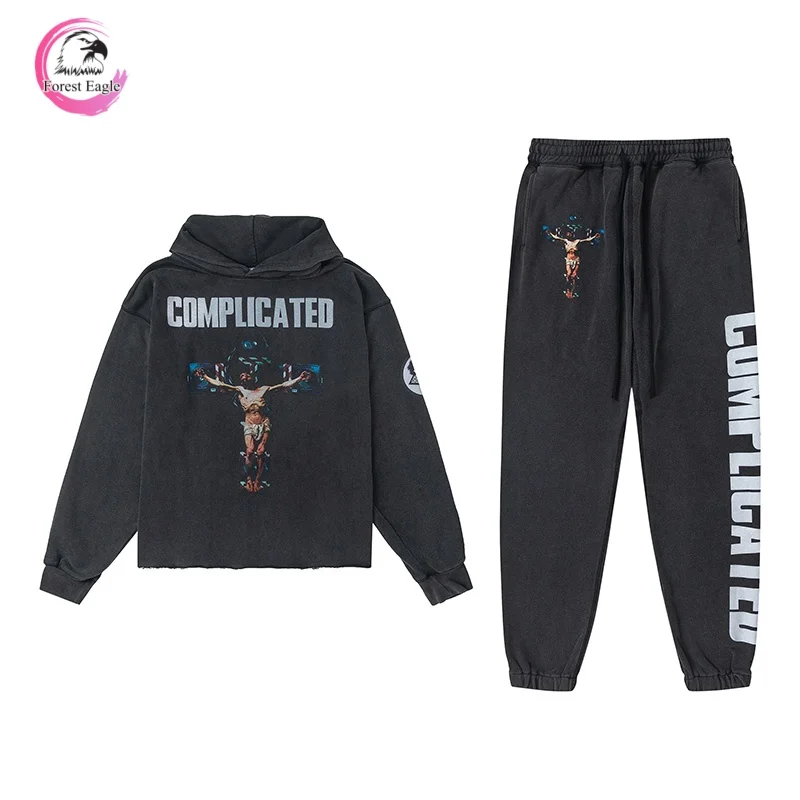 High quality Washed Autumn Winter Mens Womens SAINT Destruction Vintage Print Fashion Loose Hip Hop Black Hoodie Sweatpants