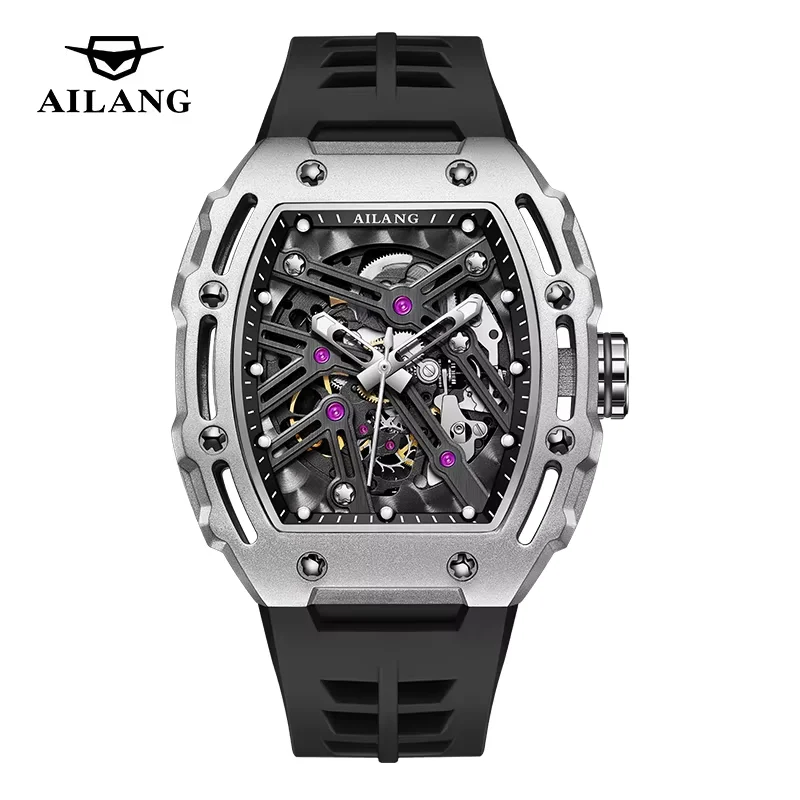 AILANG Fashion Leisure Alloy Case Men Mechanical Watch Silicone Band Barrel Shaped Dial Luminous Pointer Design Man Wristwatch