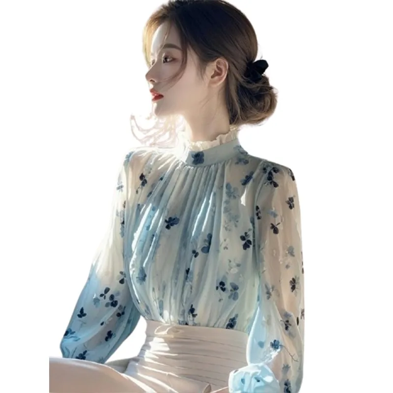 

Шифоновые женские блузки, корейские рубашки, МОДА, свободная весенне-летняя повседневная одежда, женские топы с длинными рукавами и принтом