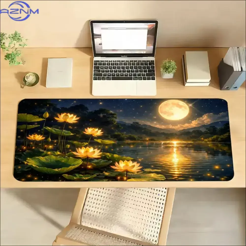Moonlight Lotus Lake Large Extended Gaming MousePad Non Slip Rubber Keyboard Desk Mat Smooth Surface For Laptop PC Desktop Setup