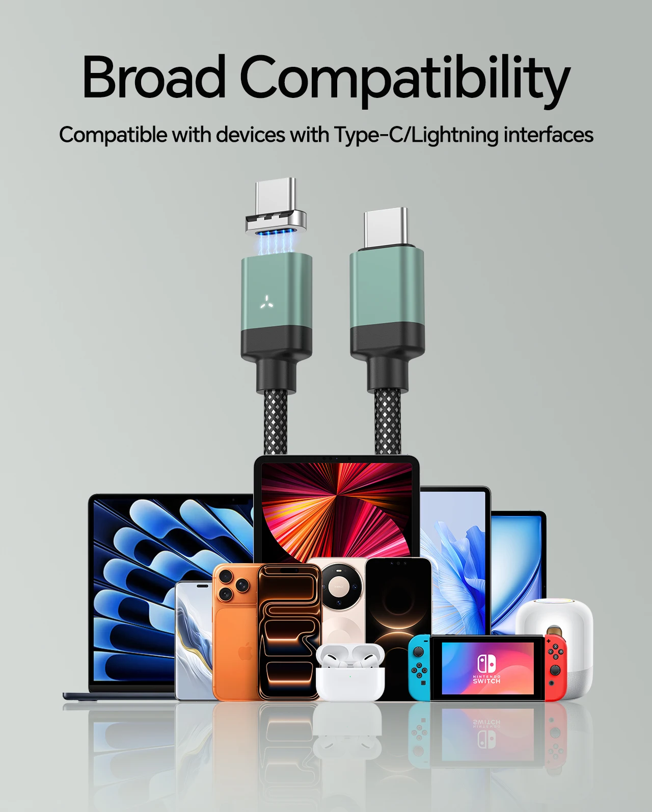 Magnetic USB C Charging Cable 1.2M 100W Type C to Type C Cables Nylon Braided Data Transfer Fast Charging Cord